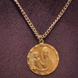 Vintage Signed Germany Mother & Child Medallion Pendant Necklace